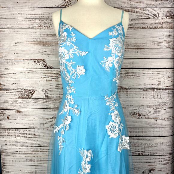 New Formal Sky Blue Flower Floral Lace Overlay Mesh Prom Wedding Gown Maxi Dress - Picture 2 of 5